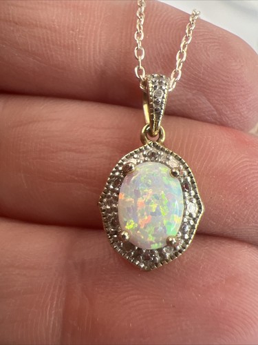 14K Yellow Gold Over 925 SS Opal and Diamond Pendant 18” Necklace - Picture 7 of 8