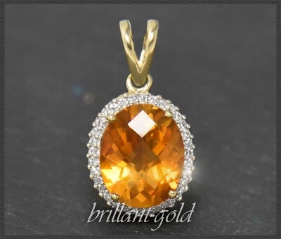 Diamant & oranger Citrin Anhänger mit 3,75ct, Damen Gleiter 10 Karat Gold, Neu - Bild 1 von 4