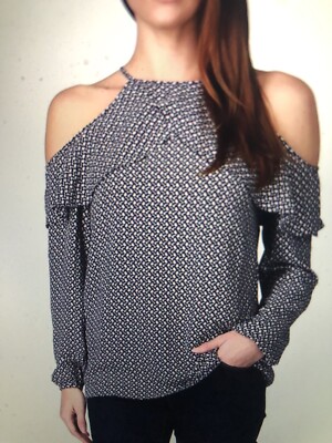 MICHAEL KORS Size Small cold shoulder high neck top Midnight blue Multi