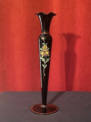 Antique Boho Victorian Hand Enameled Black Amethyst Bud Vase