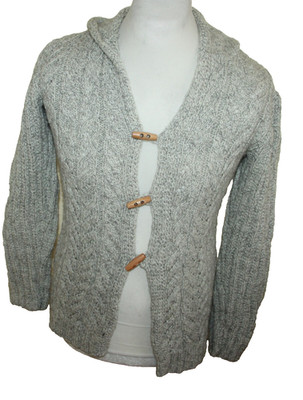 Vintage Aran Ladies Hand Knitted Cardigan Wool Hooded Duffle Approx Size 40