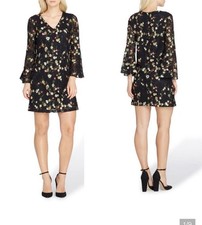 Tahari Floral Embroidered Sequins Black Lace Bell Sleeves Shift Dress Size 10 