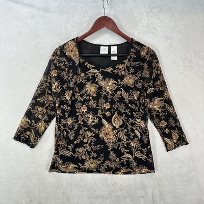 Emma James Top Womens M Black Floral Mesh Lined 3/4 Sleeve V Neck Blouse Y2K
