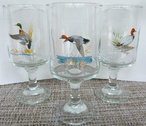 Set of 3 Vintage Ned Smith Stemmed Glasses  Mallard, Canvasback & Redhead Ducks