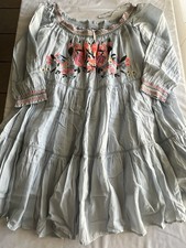 Free People Boho Embroidered Off Shoulder Dress Blue Floral Tiered Midi