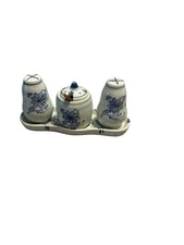 VTG Delft Blauw Salt & Pepper Shakers Hand Painted Holland Mustard Bowl & Tray