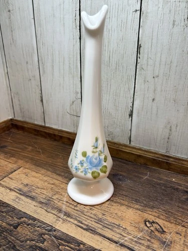 Vtg Fenton Satin Glass Bud Vase Hand-Painted Blue Roses Signed  T. Budwin 8" H