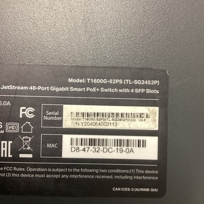 TP-LINK JetStream 48-port Gigabit Smart POE+ Network Switch -T1600G-52PS. T-766s