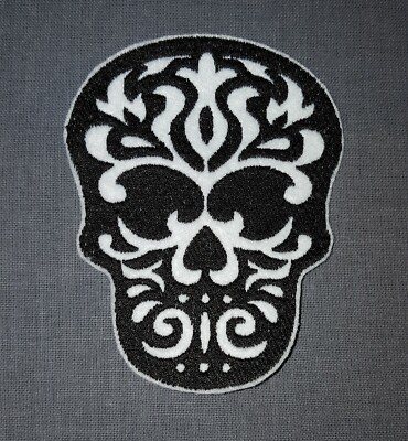 Black Tribal Skull  Gothic 3 3/4 inch  Iron on Embroidered Applique Patch