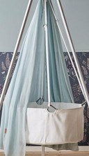 Leander-Wiege weiß - Babywiege SET mit Matratze, Haken + Himmel dusty blue ! NEU