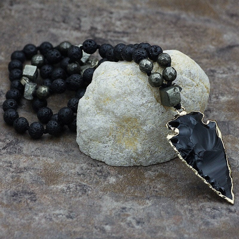 Natural Lava Rock Volcano Stone Beaded Necklace Obsidian Arrowhead Pendant