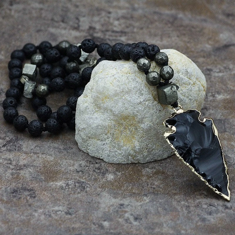 Natural Lava Rock Volcano Stone Beaded Necklace Obsidian Arrowhead Pendant - Image 2 of 4
