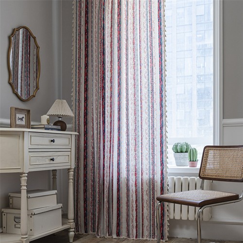 Vintage Tassel Curtain for Living Room Cotton Linen Bohemian Print Window Drape - Picture 17 of 41