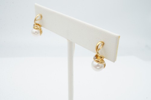 10k Yellow Gold Pearl Diamond Earrings 6.25mm - Picture 4 of 10