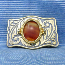 Classic Western Cowboy Belt Buckle Floral Scroll Banded Agate Vtg 70s .CPA448