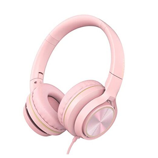 S9 Wired On-Ear Kids Headphones with Microphone in Pearl Pink for School Use