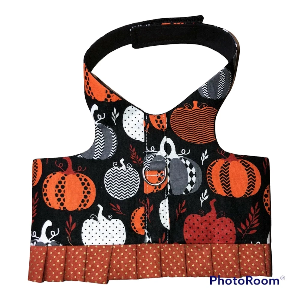 Dog Harness vest Dress Ruffle Handmade Orange Black White Pumpkin Fall M 2468