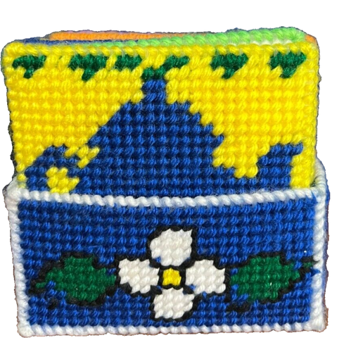8 Vtg Teapot Themed Yarn Plastic Canvas Coasters in Holder-Decorations Handmade - Picture 2 of 4