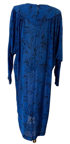 1980s Vintage Colbalt Blue Batwings Dress Satin Maxi Shoulder Pads Fanfare Sz 14 - Picture 10 of 11
