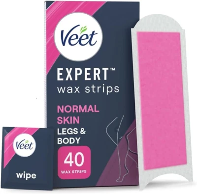 RECKITT Veet Cold Wax Strips Normal Skin, 40 Count with 4 Finish Wipes, Leg Hair Removal