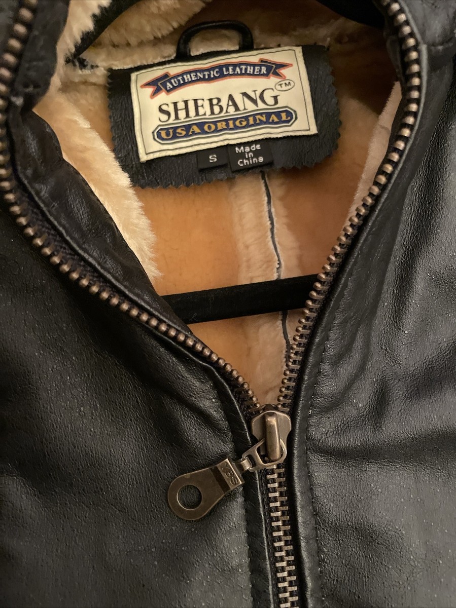 Vtg SHEBANG Leather Coat Jacket Faux Fur Lined Removable Hood 