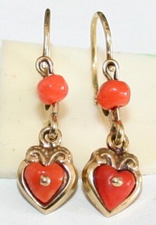 ANTIQUE VICTORIAN 9K GOLD RED CORAL HEART LOVE SMALL FINE DANGLE EARRINGS c 1900