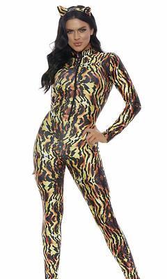 Forplay Women's Seductive Stripes Zipfront Catsuit with Ears, Orange, S/M