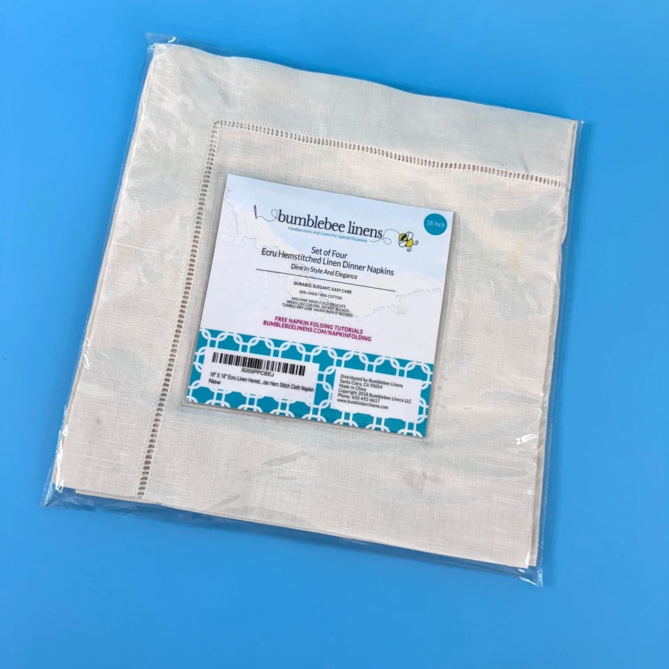 Linen Hemstitched Dinner Napkins Set of 4 Ecru BUMBLEBEE LINENS  18x18 NIP - Image 2 of 4