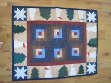 Christmas Small Applique Winter Snowman Quilt Table Tobber Log Cabin 40" x 33"