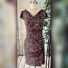 Women's Sz 8 Nine West Brown & Red Leopard Faux Wrap Ruched Dress