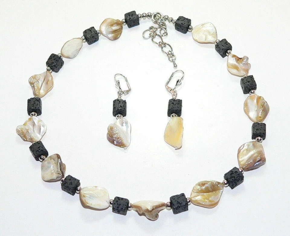 2er Schmuckset Würfel Lava schwarz, beige creme Perlmutt  Muschel Nugetts  296a - Bild 2 von 4