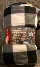 biddeford comfort knit heated throw gray plaid