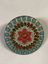 Vintage Turquoise and Gem Flower Belt Buckle 3" Circle Red Green Unbranded Heavy