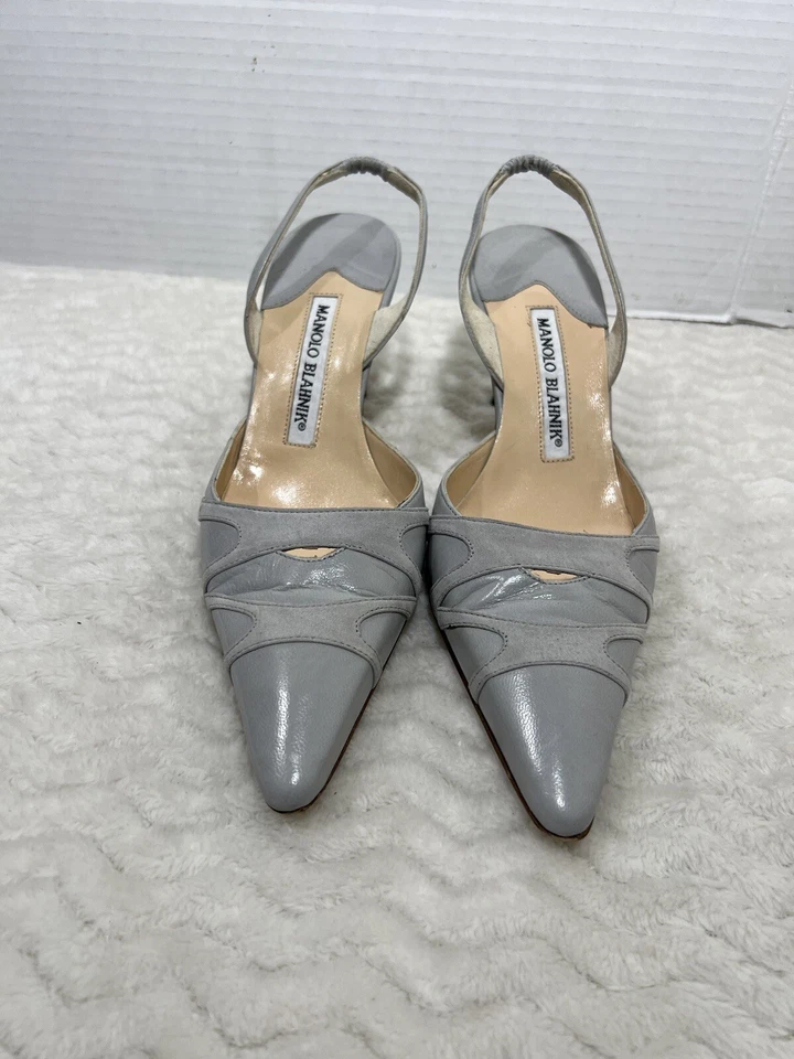 Manolo Blahnik Mujer Talla 35 EE. UU. 4,5-5 Gris Cuero Sin Cordones Punta Zapatos Foto 2 de 4