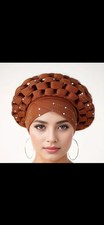 Brown African Traditional Turban Headwrap with Decorative Accents for Women