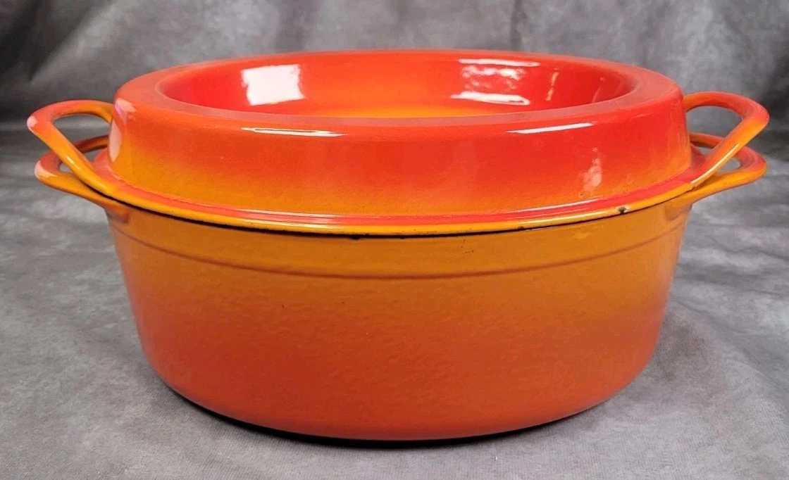 Vintage Cousansces Doufeu Cast Iron Dutch Oven Casserole Dish Flame Orange No 12