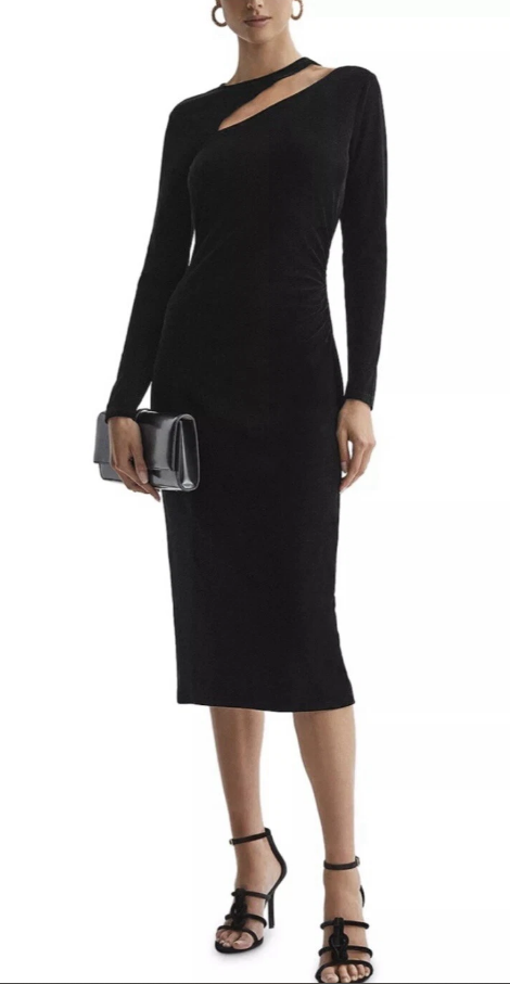 Reiss Macey Black Velvet long sleeve Midi Dress - size 4 / 8 UK -retail $295