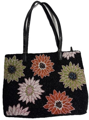 Beaded  Purse Zip Closure  Inside Zip Pocket 12 X8 X 3 Leather Handle Vntg Boho