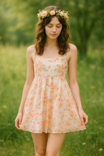 Vintage Y2K Windsor Babydoll Dress Womens M White Orange Floral Garden Fairy