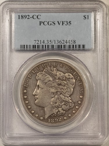 1892-CC $1 MORGAN DOLLAR - PCGS VF-35, PERFECT! CARSON CITY!
