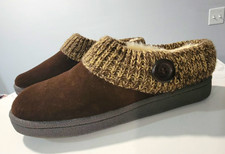 Clarks Women's Brown Knit Slip-On Slippers Faux Fur Lined Button 7 new