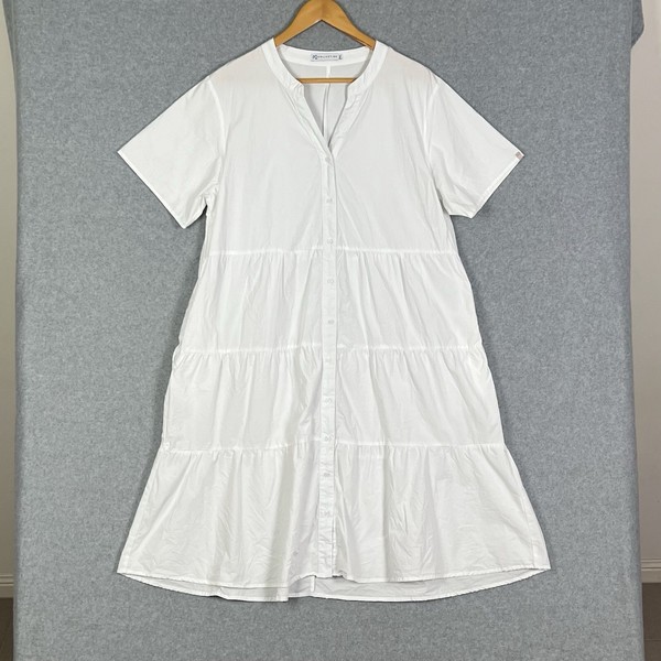 PQ Collection Shirt Dress Womens M L White Tiered Cotton Pockets Boho Resort