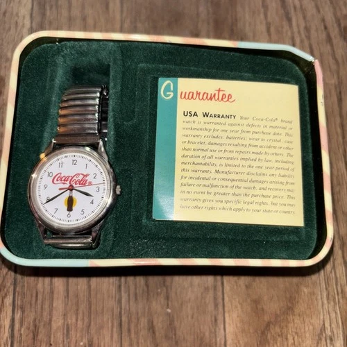 Coca Cola Watch + Tin + Lifetime Guarantee Slip Vintage