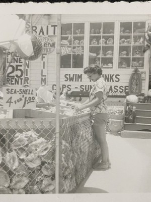 Woman At Seashell Shop Ocean Store Signs 1955 Antique Vintage Snapshot Photo