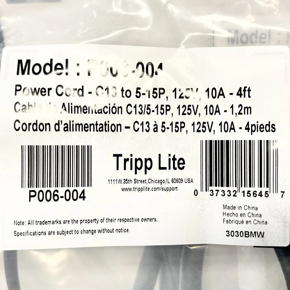 Lot of 3 Tripp Lite P006-004 Power Cords 4ft C13 to 5-15P 10A 125V AC Cable New - Image 2 of 4