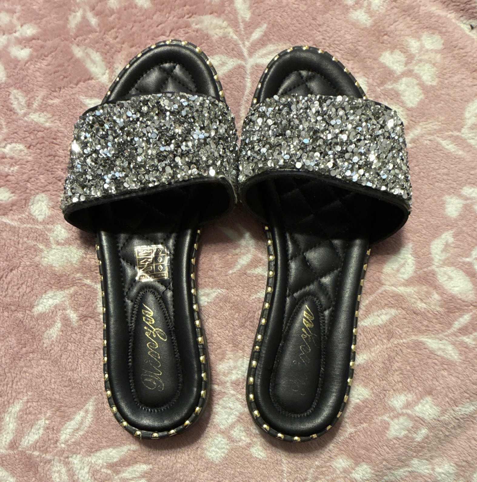 hinzu Black Silver Glitter Slide Sandals Womens 6 Slip On Comfort Synthetic