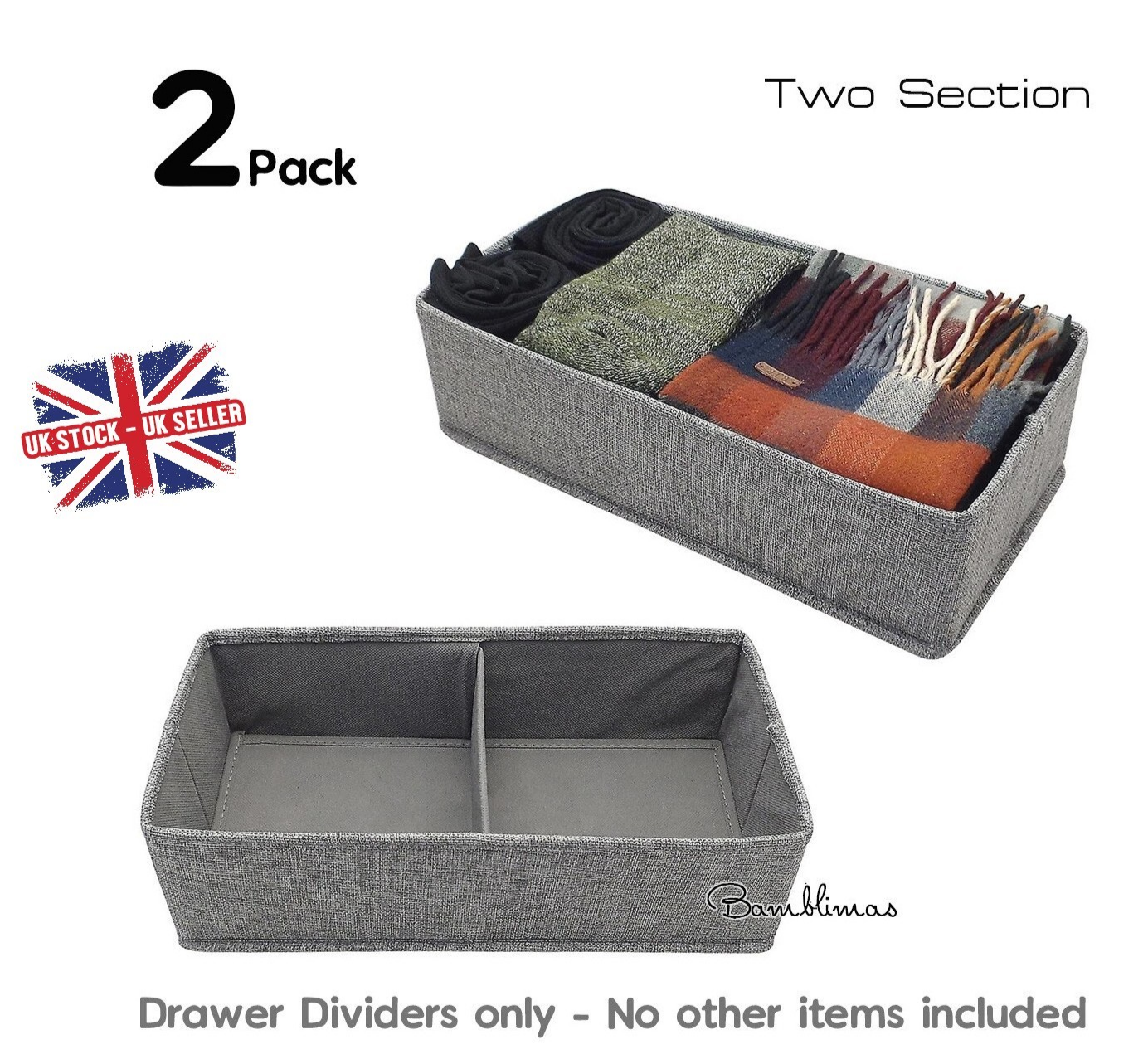 Set of 2 Grey Drawer Dividers Organiser 2 Section Chest Draw Storage Tidy Clean