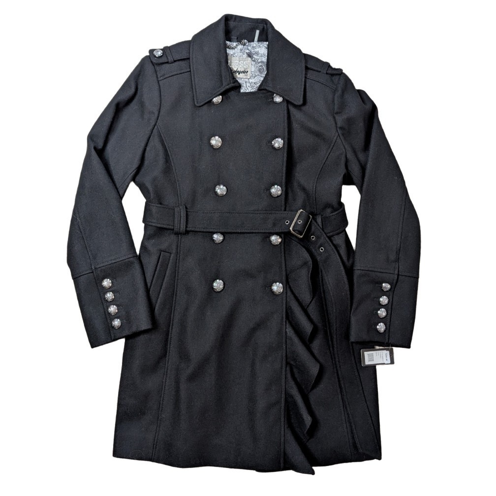 Guess Los Angeles Black Wool Blend Trench Coat Double Breasted Women's XL New