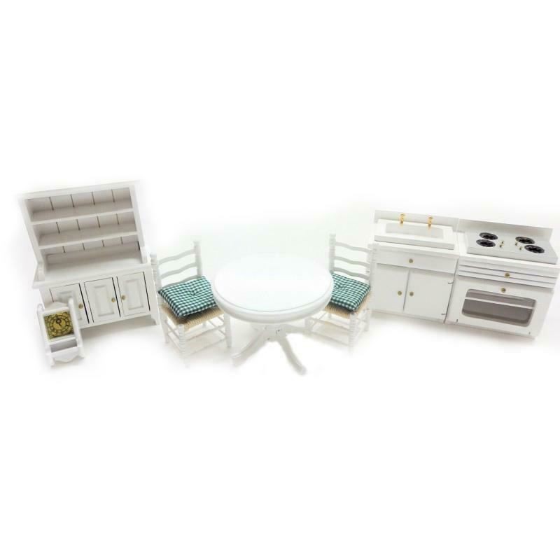 Dolls House White Kitchen Dining Furniture Set Miniature Wooden 1:12 Scale