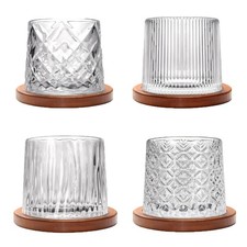 4PC Rotating Whiskey Glasses with Bamboo Coasters,9 oz Old Fashioned Rum Glasses